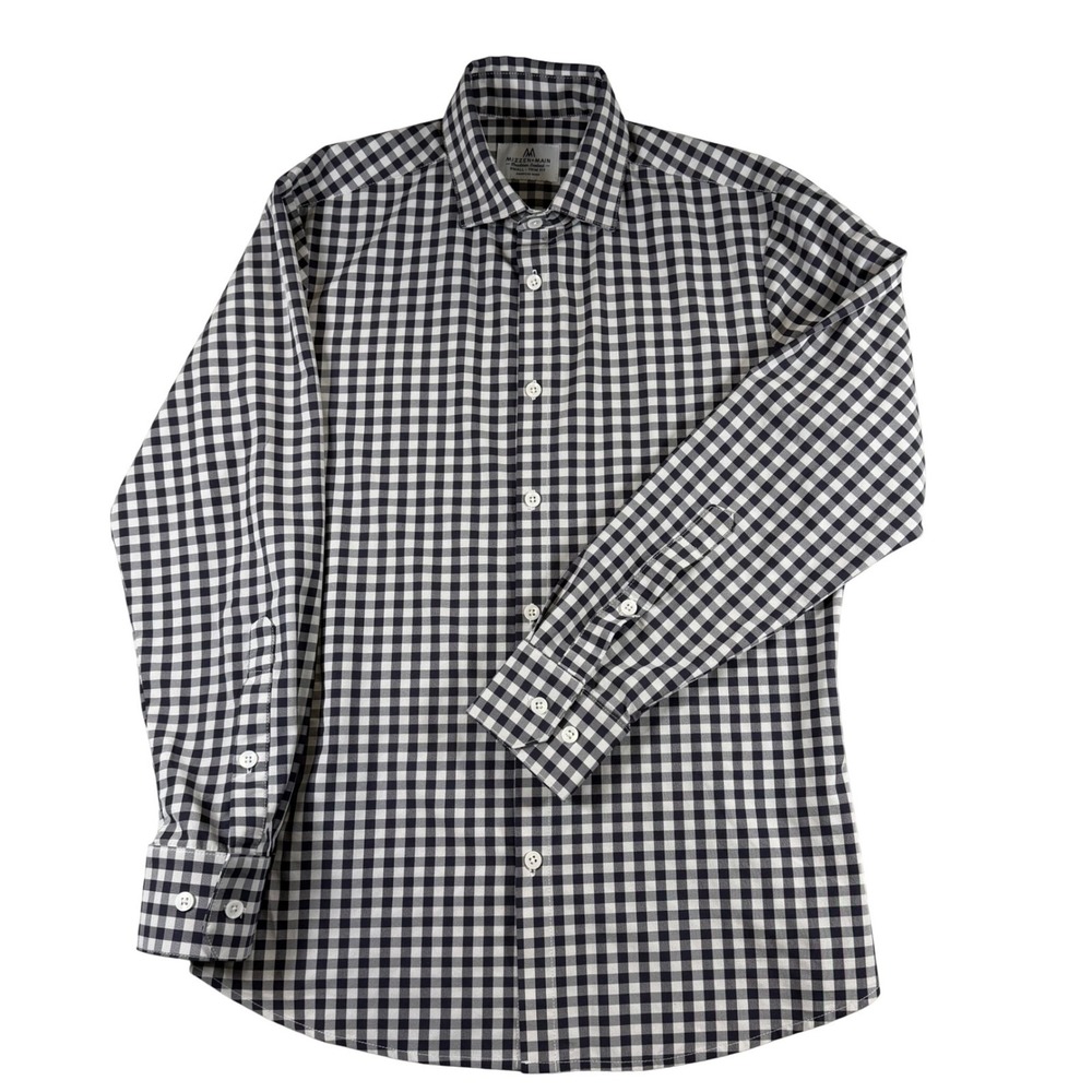 Mizzen+Main Mens Small Trim Fit Gingham Performance Dress Shirt Navy Blue White